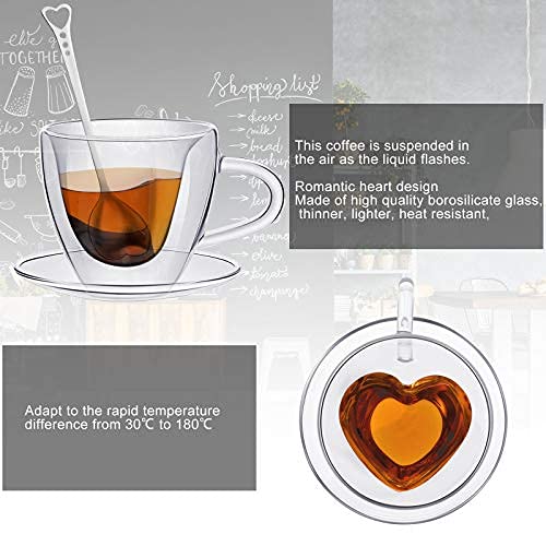 Heart Shaped Double Walled Glass Insulated Coffee Mug Clear Tea Cup 180 Ml, 6 Oz Cappuccino Cup With Saucer And Heart Shaped Coffee Spoons For Valentine's Day Anniversary Party Supplies #TOP3