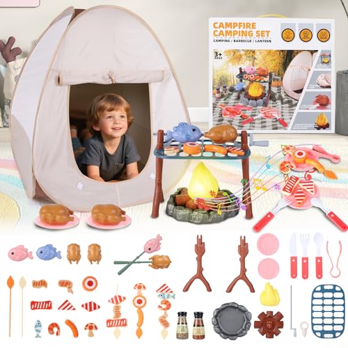 Kids Camping Playset with Pop Up Tent, Pretend BBQ Campfire Sets with Toy Food, Indoor Outdoor Educational Toys for Boys Girls Hiking Adventure Gifts Outdoor Playset Nature Exploration Toys