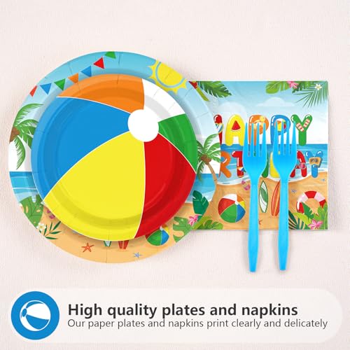Image of Greencian 96Pcs Beach Ball 1st Birthday Summer Party Decorations, Serves 24 | Summer Beach Ball 1st Birthday Plates and Napkins Fun to Be One Tableware Set for Baby Shower Luau Pool Party Supplies
