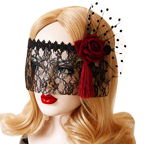 IBLUELOVER Masque Fleur Masque Dentelle Femme Halloween Masque Gothique Mascarade Masque Sexy Noir Voile Vintage Strass Accessoire Costume Déguisement Mascarad Soirée Carnaval Masque Fête Noël