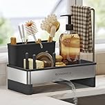 SONGMICS Kitchen Sink Caddy Tidy, Sink Organiser with Sponge Holder, Washing up Caddy for Brushes, Cloths, Soap, Stainless Steel, Space-Saving, Rotatable Spout, Ink Black and Silver KCS555BH01