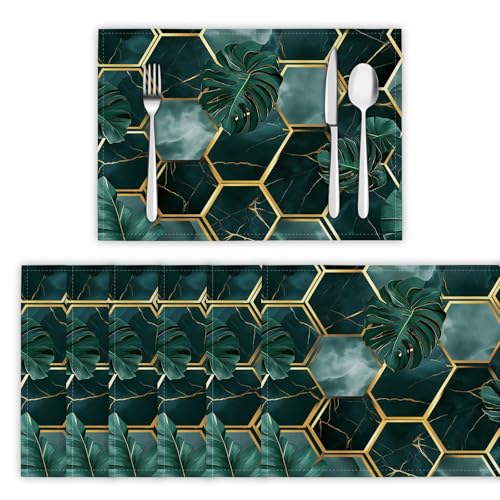 Manteles Individuales Elegantes 45 x 30 cm,8 Unidades - Mármol Hexagonal Hojas Realistas Mantel Individual Lavable,Resistente Calor,Antimanchas para Mesa de Cocina - Azul