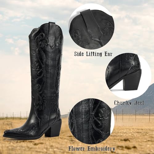 Image of wetkiss Knee High Cowboy Boots for Women, Stable and Comfortable | Western Style,Cowgirl Boots,Versatile,Pull On,Various Occasions,Non-slip Sole,Bohemian Rural Style