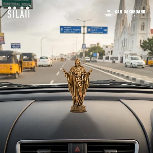Image of SILAII The Sacred Heart of Jesus Car Dashboard Idol - 3.5 Inch | Miniature Jesus Christ Statue for Car Interior Decor | Antique Bronze Finish | Ideal for Prayer Room & Gifting