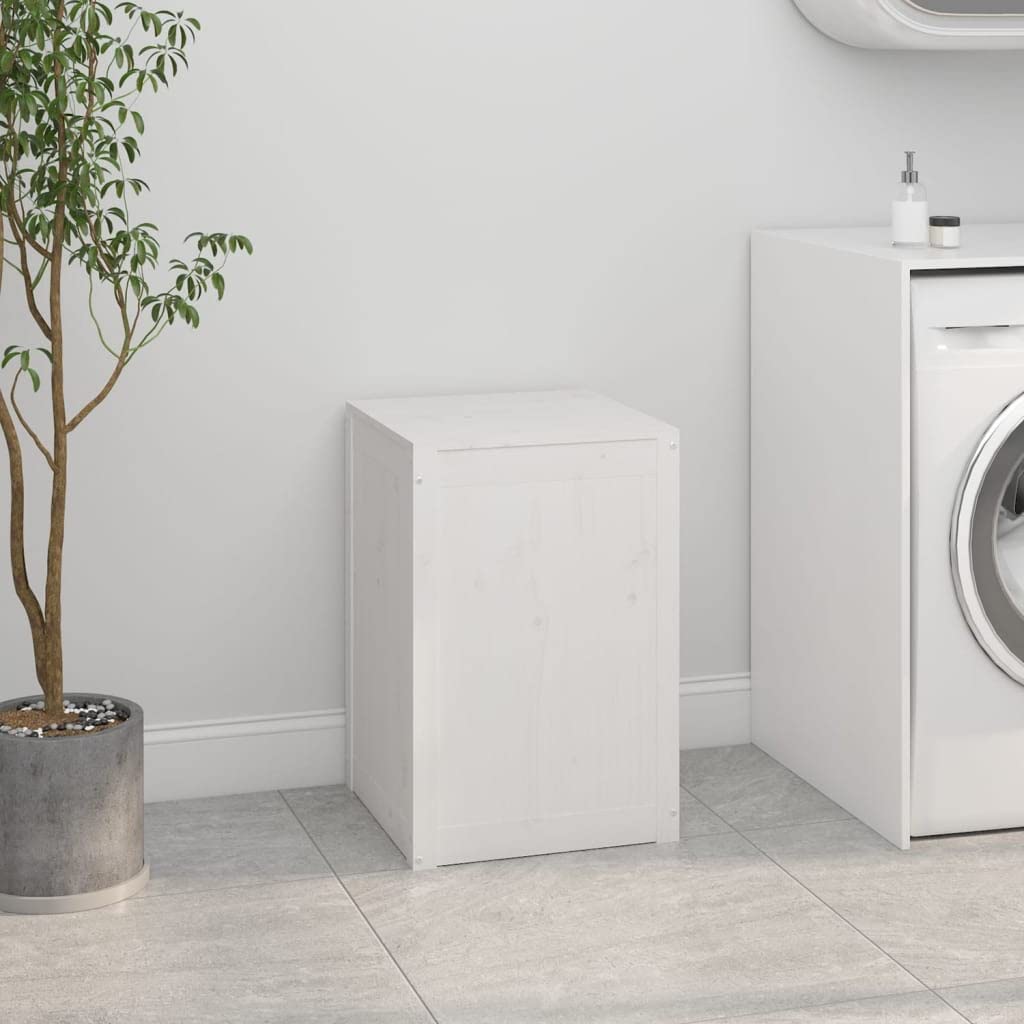 Wäschetruhe Weiß aus massivem Kiefernholz 44x44x66 cm mit Deckel und Gasdruckfeder großer Wäschebehälter Wäschekorb Wäschesammler für Badezimmer Schlafzimmer Haushalt