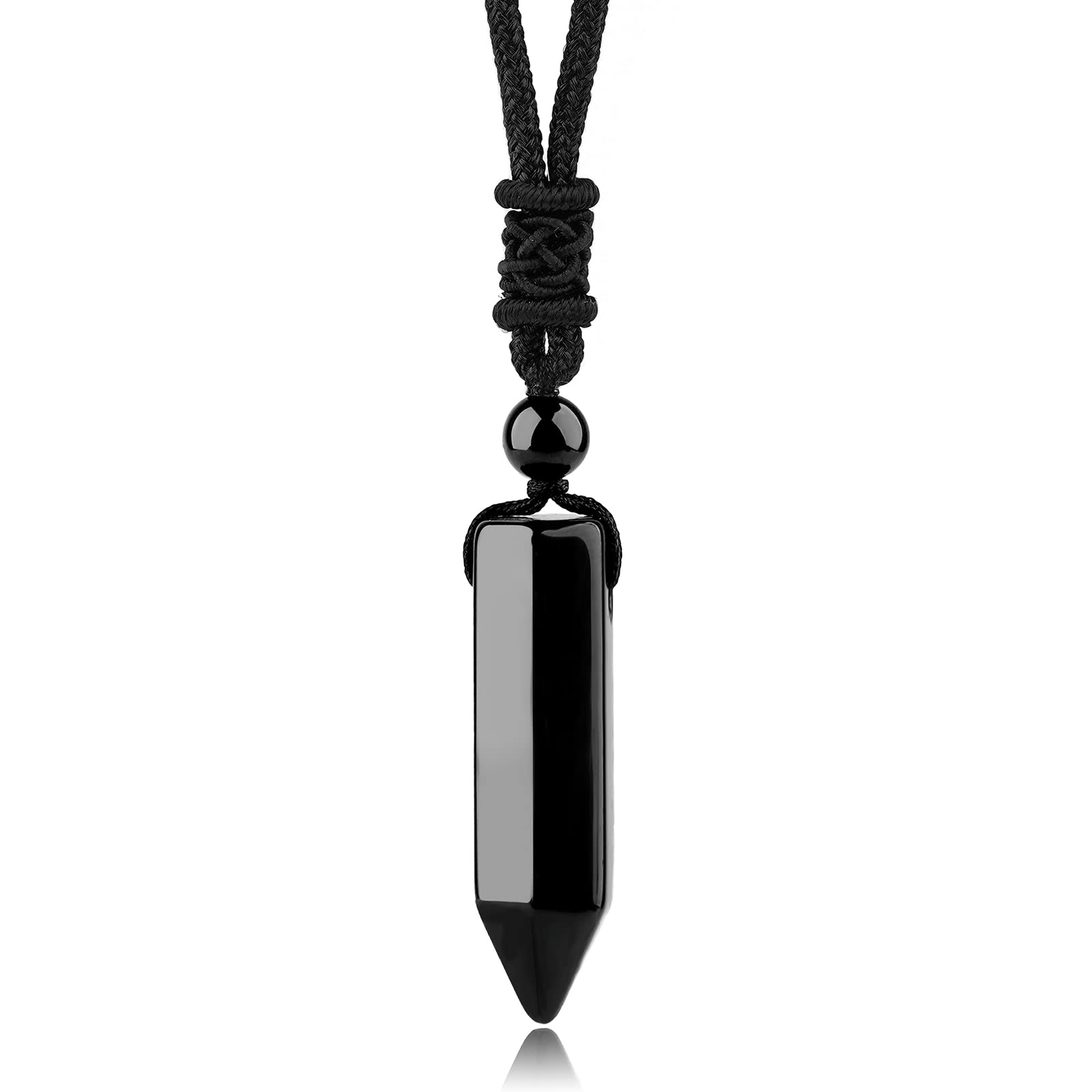 Hexagonal Crystal Points Pendant Necklace Black Obsidian Healing Stone Necklace Adjustable Rope Reiki Gemstone Necklace Handmade Jewelry for Men Women