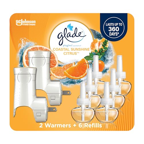 Glade PlugIns Refills Air Freshener Starter Kit, Scented and Essential Oils for Home and Bathroom, Coastal Sunshine Citrus, 4.02 Fl Oz, 2 Warmers + 6 Refills