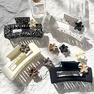 Hair Clips for Women,4PCS 4.13" Large Square Claw Clips for Thick Thin Hair Claws,8PCS 0.98" Mini Hawaiian Flower Hair Clips,Matte Cute Womens Hair Accessories for Girls (black,white)