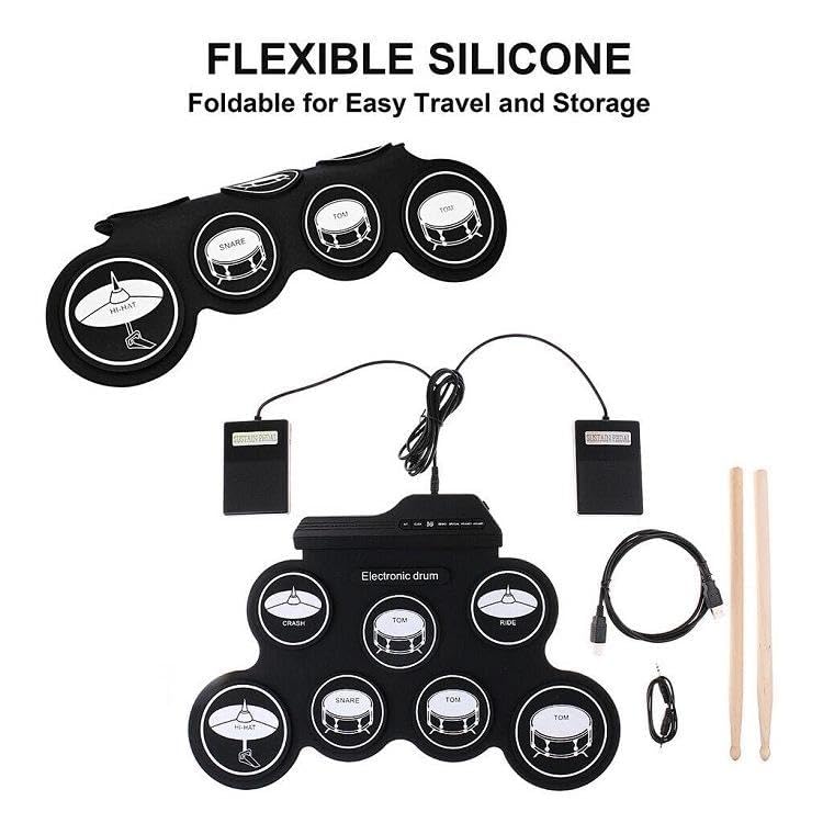 Image of Suptikes Portable Silicon Electronic Drum Kit, Roll Up Digital Drum Pad Set with Drumsticks, Foot Pedals, USB Connection, Headphone Jack,Compact Practice Instrument Without Speacker - Black
