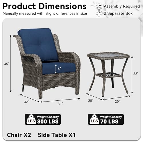 Image of 3 Pieces Outdoor Wicker Patio Furniture Set - Patio Chairs Set with Thickened Olefin Cushions, High Back and Deep Seating, Curved Armrest, PE Rattan for Porch, Deck, Balcony,Blue