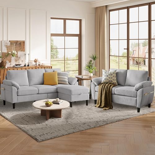 Image of 79.72 inch 3 Piece Corduroy Sofa Set with Storage Ottoman & Loveseat, L Shaped Sectional Couch with Side Pockets, Convertible Living Room Furniture Set for Small Space