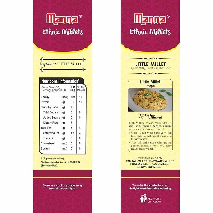 Image of Manna Little Millet 1Kg Unpolished, Certified Low GI, Glycemix Index value 27, Kutki /Samai /Same /Samulu. 20% more protein & 100% more Fibre than white rice. Natural Grains (Pack of 3)