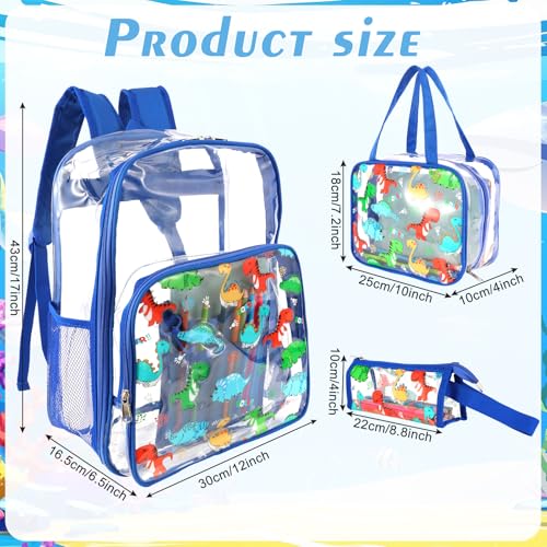 Kolewo4ever 3 Pieces Clear School Backpack Set Back to School Gift Blue Dinosaur Transparent Backpack with Lunch Bag and Pencil Pouch for Girl Boy Kid Heavy Duty Bookbags Middle School Travel Pack2