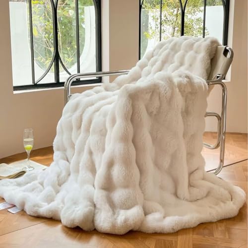 Luxury Faux Rabbit Fur Bubble Throw Blanket Elegant White Ultra Soft Plush 3D Bubble Design Reversible Mink Blanket for Couch Sofa Bed & Living Room 50 x 60 Gift for Women & Family