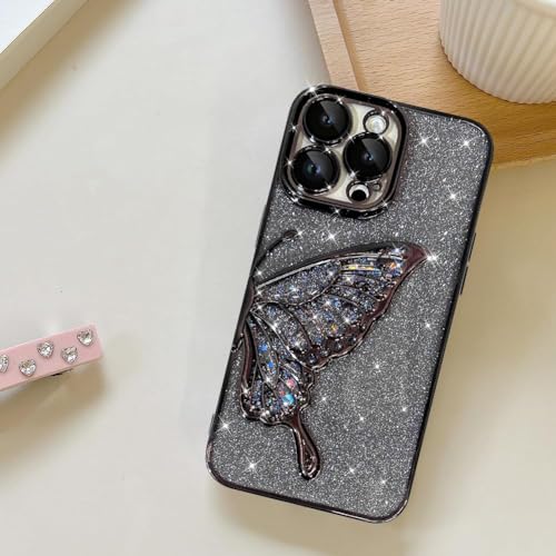 Image of SHINESTAR 3D Butterfly Case for iPhone 15 Pro Max Cover, Cute Girly Glitter Bling Luxury Back Cover for Women Girls Protective Shockproof Slim Camera Protection for iPhone 15 Pro Max - Black