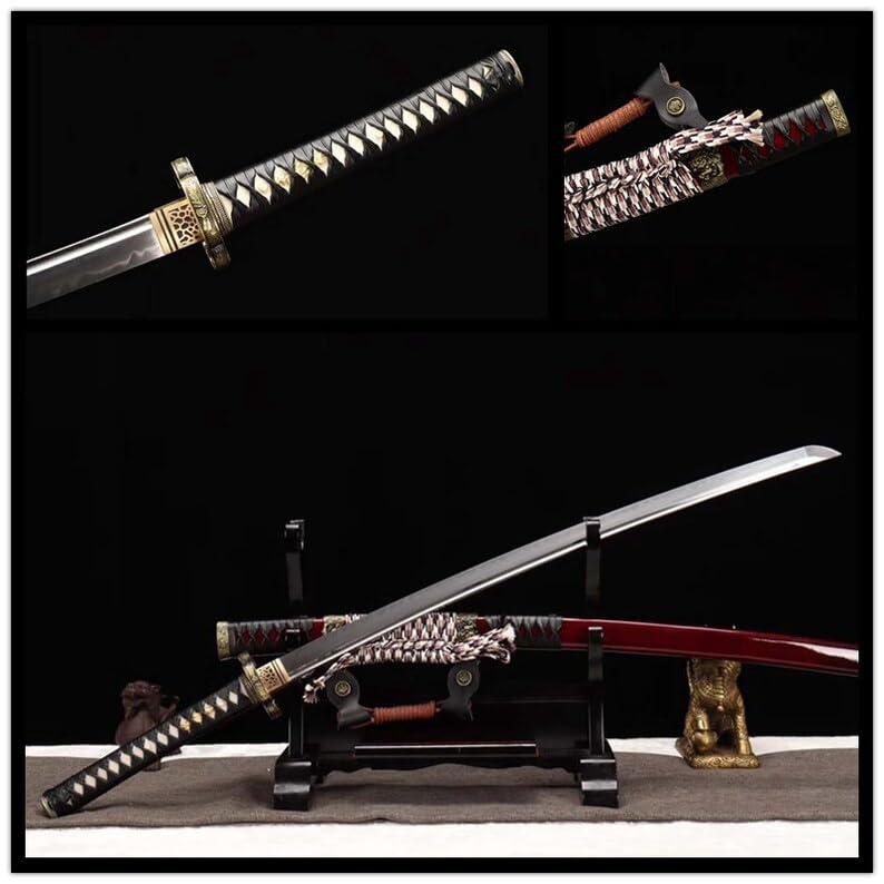 Zhmyyxgs Handmade Japanese Katana T10 Clay Tempered Steel Blade Japanese Samurai Tachi Sword Red Hongshi Brass Tsuba Collectible Wood Saya Sword