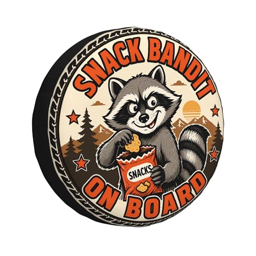 Image of Funny Raccoon Spare Tire Cover, Snack Bandit On Board Printed Tire Cover for SUVs RVs Trailers Campers Trucks, Outdoor Spare Wheel Protector（14 inch for Diameter 23 inch-27 inch）