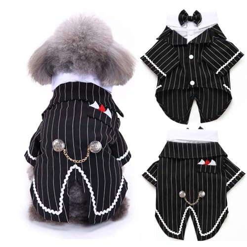 DENTRUN Dog Tuxedo Suit with Bow Tie - Formal Black & White Striped Pet Costume Shirt, Elegant Wedding Outfit Birthday Party Attire for Chihuahua Yorkie Shih Tzu Pomeranian Small Dogs, S