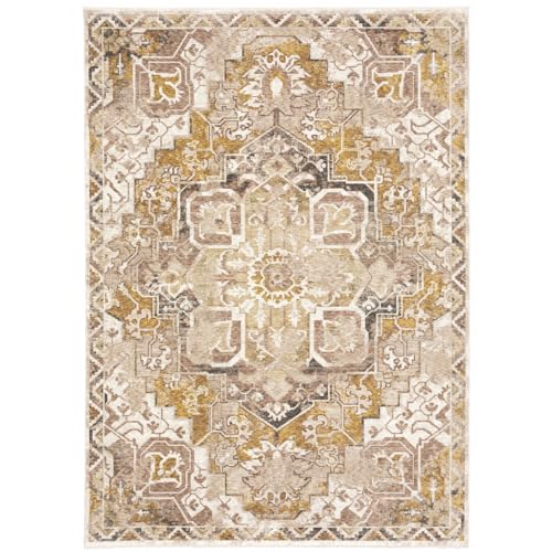8 x 11 ft. Gold & Ivory Oriental Power Loom Stain Resistant Area Rug with Fringe