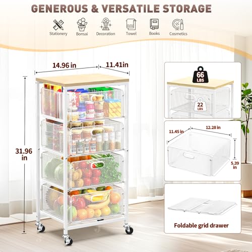 Image of SUNALLY Kitchen Storage Cart with Drawers,Metal Snack Cart Organizer,White | 4-Tier Craft Cart with Lockable Wheels, Wooden Top, Rolling Storage Drawer Carts for Snacks,Beauty,Craft,Art,Makeup,School