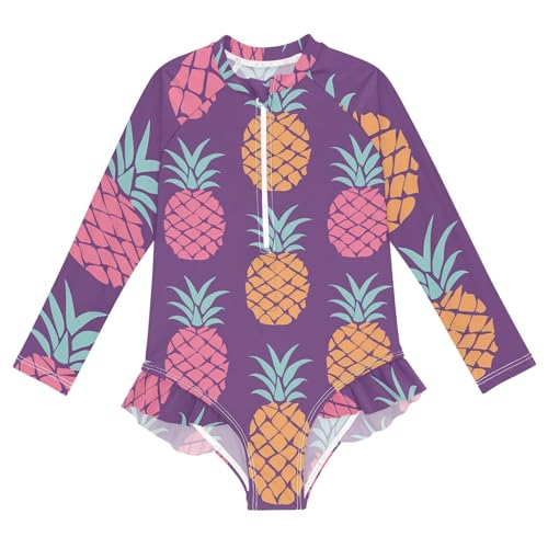 Girls One Piece Swimsuits Long Sleeve Swimsuit Zipper Bathing Suits Pineapple Tropical Purple