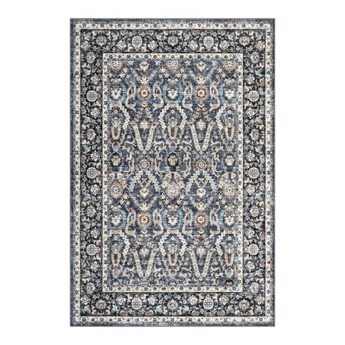 Sirmupea 8x10 Washable Area Rug, Persian Vintage Rugs, Ultra-Thin Foldable Vintage Rugs for Bedroom, Dining Room, Home Office, Pet & Child Friendly, Low Pile, Non-Shedding, Blue