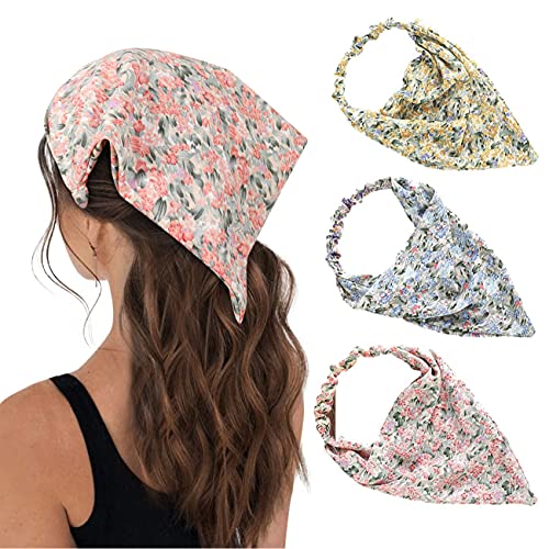 HAIMEIKANG 3 Pieces Floral Elastic Hair Scarf Headband Chiffon Head Kerchief Hairband Head Scarf Hair Bandanas with Hair Clips for Women (Yellow+Pink+Blue)