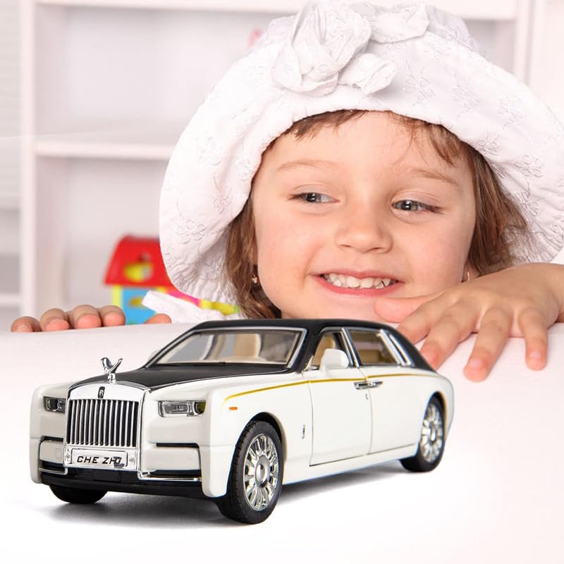 Image of PINQUE Kids Diecast Metal Car 1:32 R Royce Phantom, Pull Back, Openable Doors, Music Sound & Light, Boys Age 4+ (White)