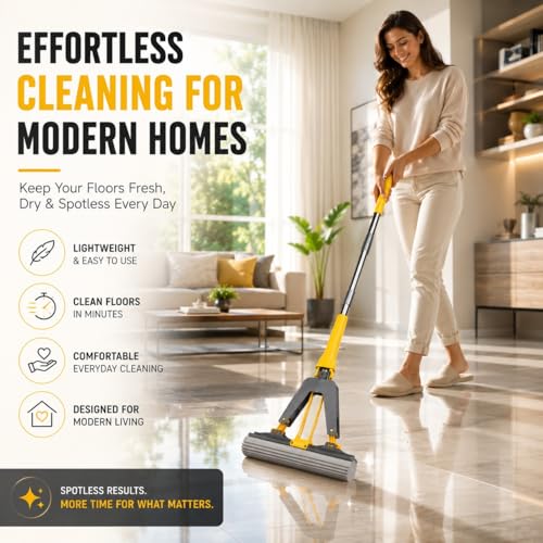 Image of Self Wring Butterfly Sponge Mop for Floor Cleaning | Self Wringing PVA Sponge Mop with Stainless Steel Handle | High Water Absorption | Wet & Dry Cleaning - Kitchen, Bathroom & Tiles