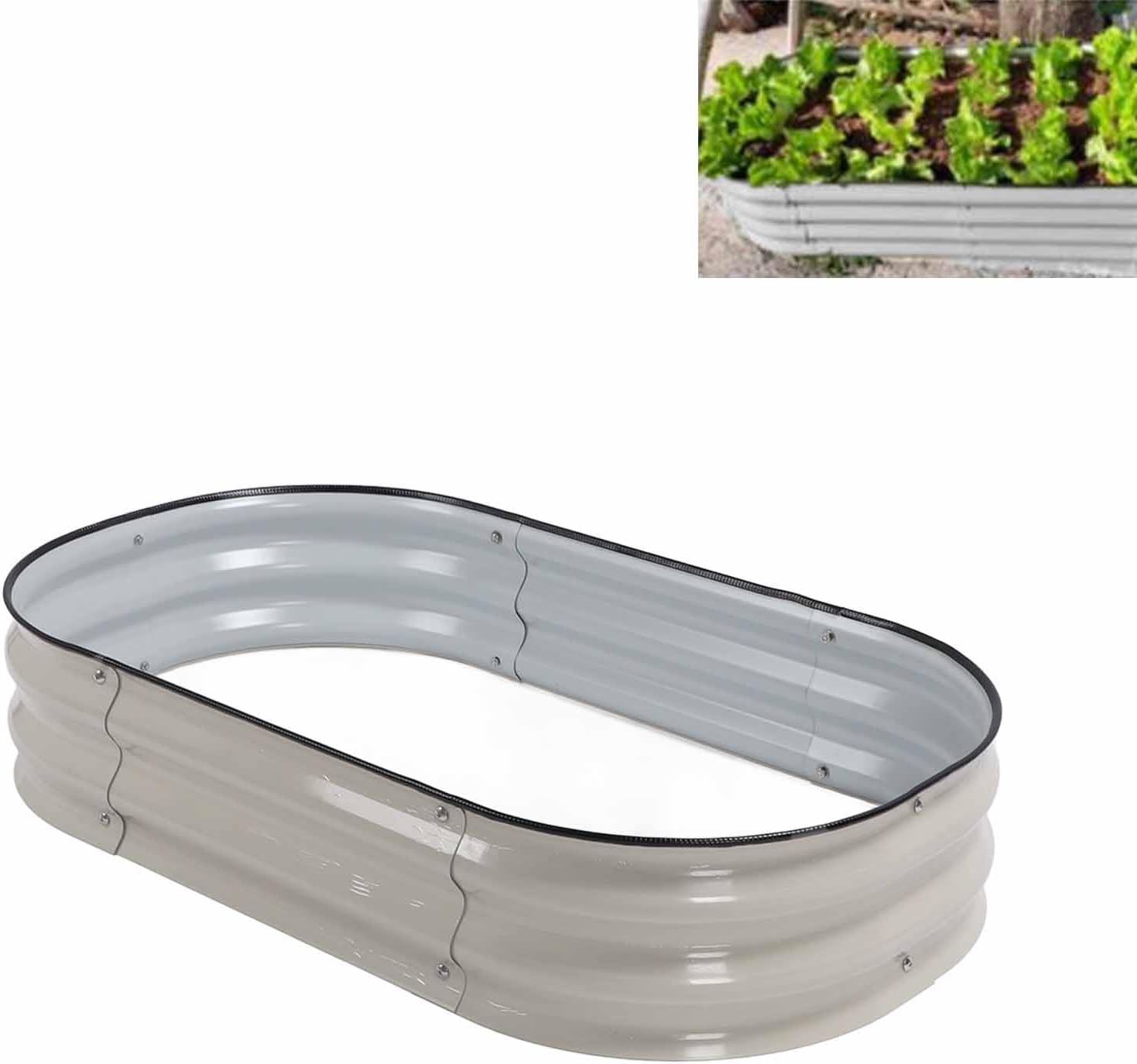 Raised Garden Bed Kit, 3.4×2×0.9 Ft Stainless Steel Outdoor Planter Box with Rubber Strip & Screws, Oval Large Planting Box for Gardening DIY (Ivory White)