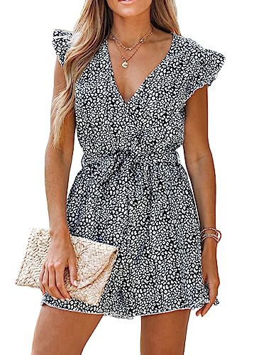 CUPSHE Damen Jumpsuit V-Ausschnitt Rüschen Strampler Leopard Flügelärmel Weites Bein Overall mit Gürtel Kurz Lose Hosena...