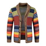 Mens Rainbow Cardigan Sweaters Striped Color Block Shawl Collar Sweatshirt Cable Knit Open Front Warm Lapel Outwear