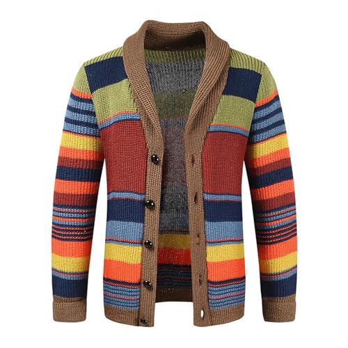Mens Rainbow Cardigan Sweaters Striped Color Block Shawl Collar Sweatshirt Cable Knit Open Front Warm Lapel Outwear