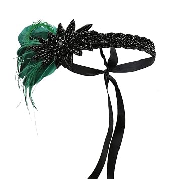 STIOEDYUAN Women Flapper Headband 1920S Vintage Feather Headpiece Roaring 20s Rhinestone Crystal Hair Chain Accessories For Women Green+Black