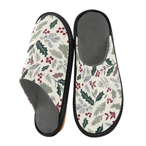 Slippers for Women Green Holly Leave Pattern Soft Winter Warm Shoes Indoor Outdoor Non-Slip House Travel Slippers