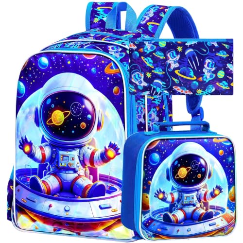 Image of 3Pcs Space Backpack for Boys, School Astronaut Bookbag with Lunch Box, 16 inch Kids Backpacks for Elementary Preschool Kindergarten (Blue)