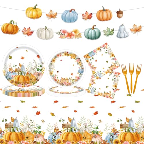 Fall Thanksgiving Paper Plates and Napkins Party Supplies Watercolor Pumpkin Maple Thanksgiving Disposable Tableware Banner Tablecloth Set Autumn Harvest Party Decorations for Table 99Pcs Serves 24