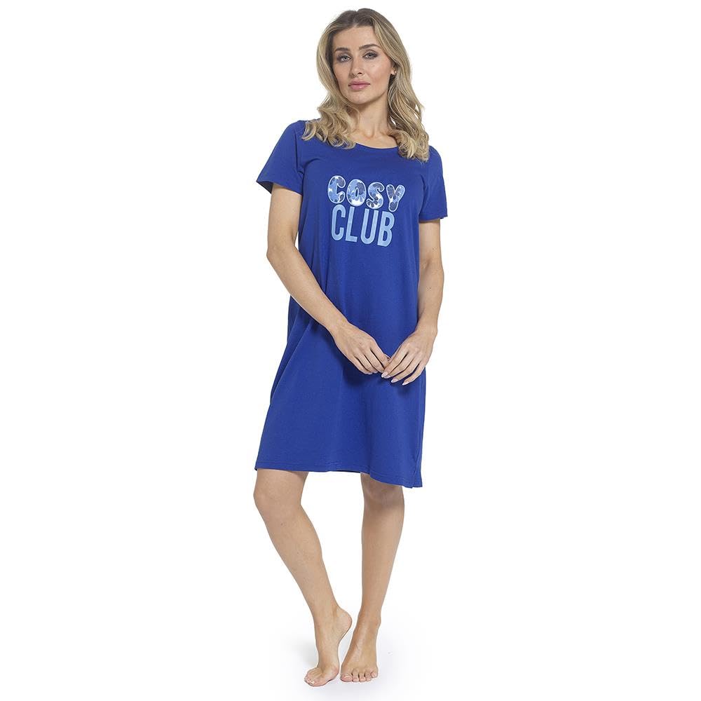 A2Z Ladies Cotton Jersey Nightie Short Sleeve Oversized Sleep Shirt Dress - Nightie LDS 456 Blue 20/22