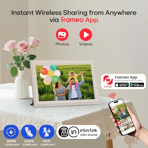 Image of Frameo 10.1 inch WiFi Digital Picture Frame with 32GB Memory, 1280 x 800 IPS HD Touch Screen Electronic Photo Frame, Auto-Rotate, Slideshow, Share Photos /Video Remotely Anywhere White Wood Grain