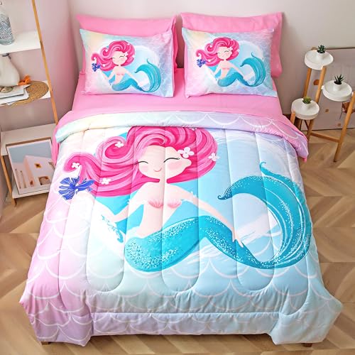 Image of Pink Little Mermaid Twin Size Bedding Set for Girls, 5-Piece Soft Kids Comforter with Matching Sheets and Pillow Sham, Cute Sea Princess Bed in a Bag