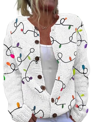 Image of Women's Funny Fall Winter Animal Floral Christmas Tree Long Sleeve Button Knit Cardigan Sweater
