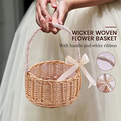 Ksrnsne Wicker Woven Flower Basket with Handle and White Ribbon Wedding Flower Girl Basket for Home Garden Decoration Small - Image 4