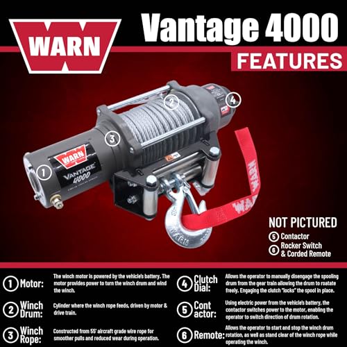 Image of WARN Vantage 4000 12V DC Electric Winch for ATV UTV Side-by-Side - 4000 lb Pull Capacity, 55 Ft 7 /32 inch Steel Wire Rope, Roller Fairlead, Fully Sealed, 3-Stage Planetary, Wired Remote (108214)