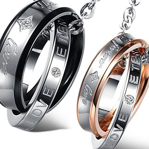Oidea 2 Pcs Stainless Steel Forever Love Lover's Message Pendant Necklace, Dual Rings Hook-Ups Pendant With Chain Included #TOP1