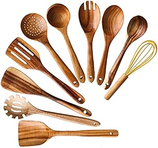 Bekith 10 Pack Wooden Spoons for Cooking, Wooden Cooking Utensils Set, Non Scratch Natural Teak Wooden Cooking Spoons Spatula for Nonstick Cookware
