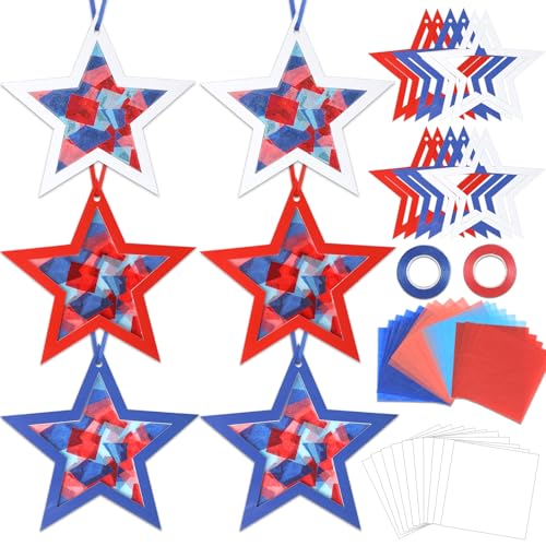 Qyeahkj 36 Set 4th of July Suncatchers Crafts for DIY Patriotic Star Window Tissue Paper Craft Kit Star Hanging Decor for Patriotic Home Activity Art Project Birthday Party Favor Gift