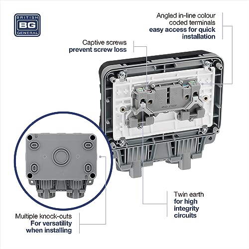 BG Electrical WP22-01 Double Weatherproof Outdoor Switched Power Socket, IP66 Rated, 13 Amp, Grey