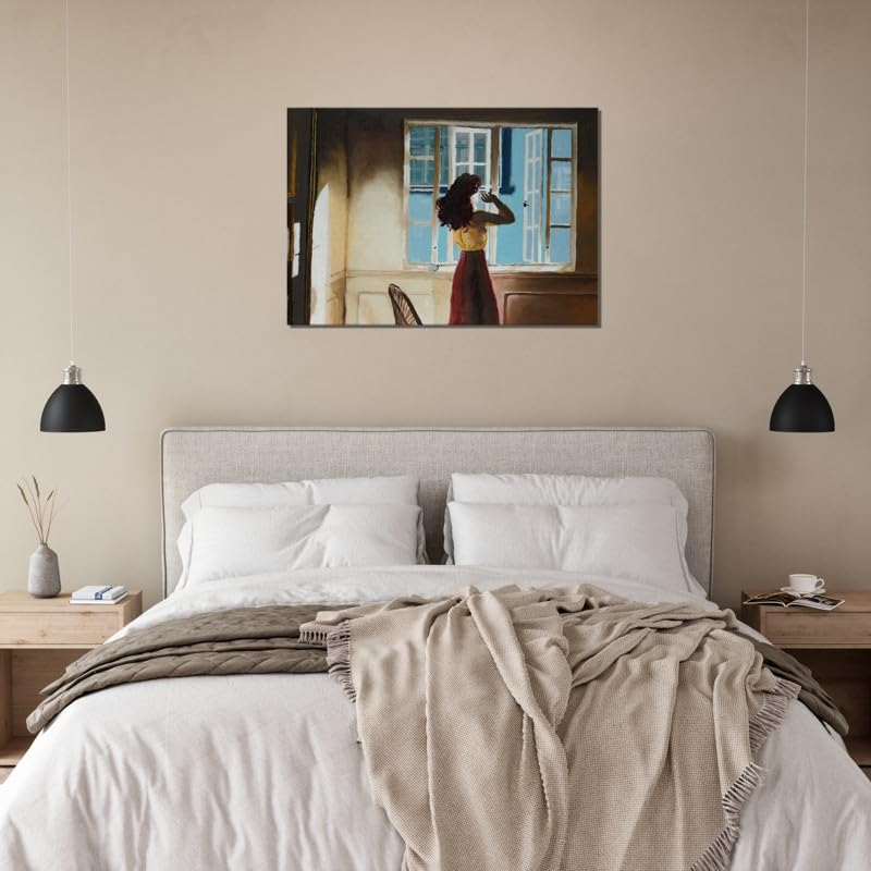 Huile sur toile d'une femme à la fenêtre : œuvre poétique