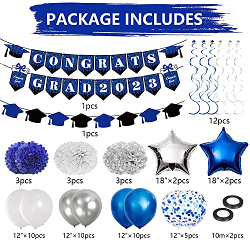 Blue Graduation Party Decorations, 2023 Congrates Grad Banner Blue White Silver Paper Pompoms Hanging Swirl Star Foil Balloons Confetti Balloons For College School Graduations Party Decoration #TOP1