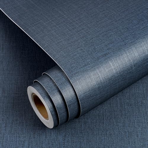 YENHOME 30'X200' Thick Textured Peel and Stick Wallpaper Grasscloth Peel and Stick Wallpaper Blue Fabric Textured Wall Paper for Bedroom Decorative Blue Contact Paper for Cabinets Drawers